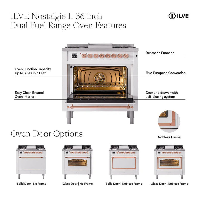 ILVE Nostalgie II 36" Dual Fuel Freestanding Range in Stainless Steel with Brass Trim, UP36FQNMPSSGLP