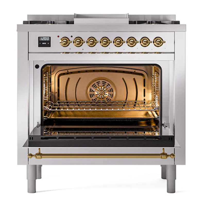 ILVE Nostalgie II 36" Dual Fuel Freestanding Range in Stainless Steel with Brass Trim, UP36FQNMPSSGLP