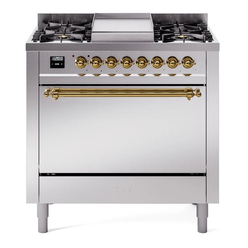 ILVE Nostalgie II 36" Dual Fuel Freestanding Range in Stainless Steel with Brass Trim, UP36FQNMPSSG