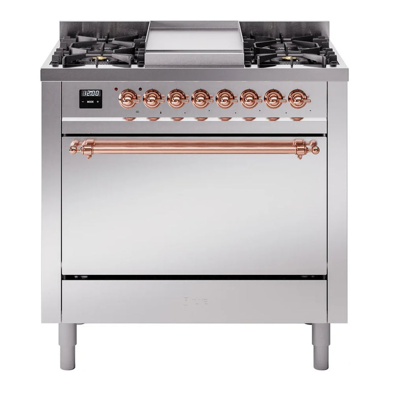ILVE Nostalgie II 36" Dual Fuel Freestanding Range in Stainless Steel with Copper Trim, UP36FQNMPSSPLP