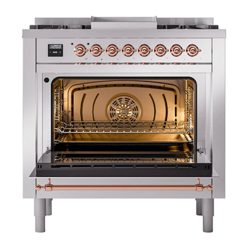 ILVE Nostalgie II 36" Dual Fuel Freestanding Range in Stainless Steel with Copper Trim, UP36FQNMPSSPLP