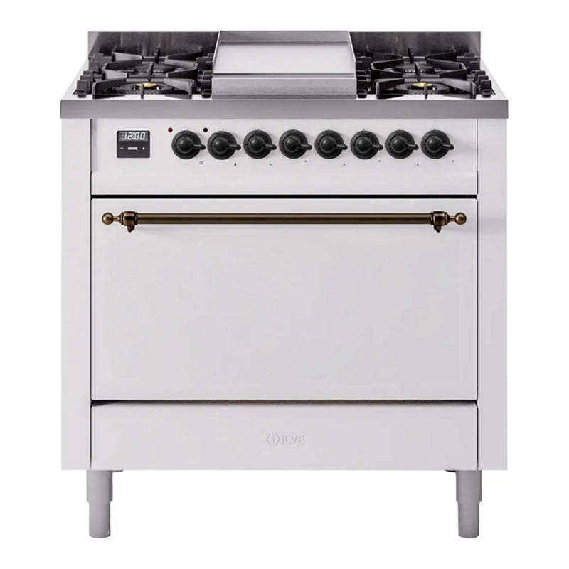 ILVE Nostalgie II 36" Dual Fuel Freestanding Range in White with Burnished Trim, UP36FQNMPWHBLP