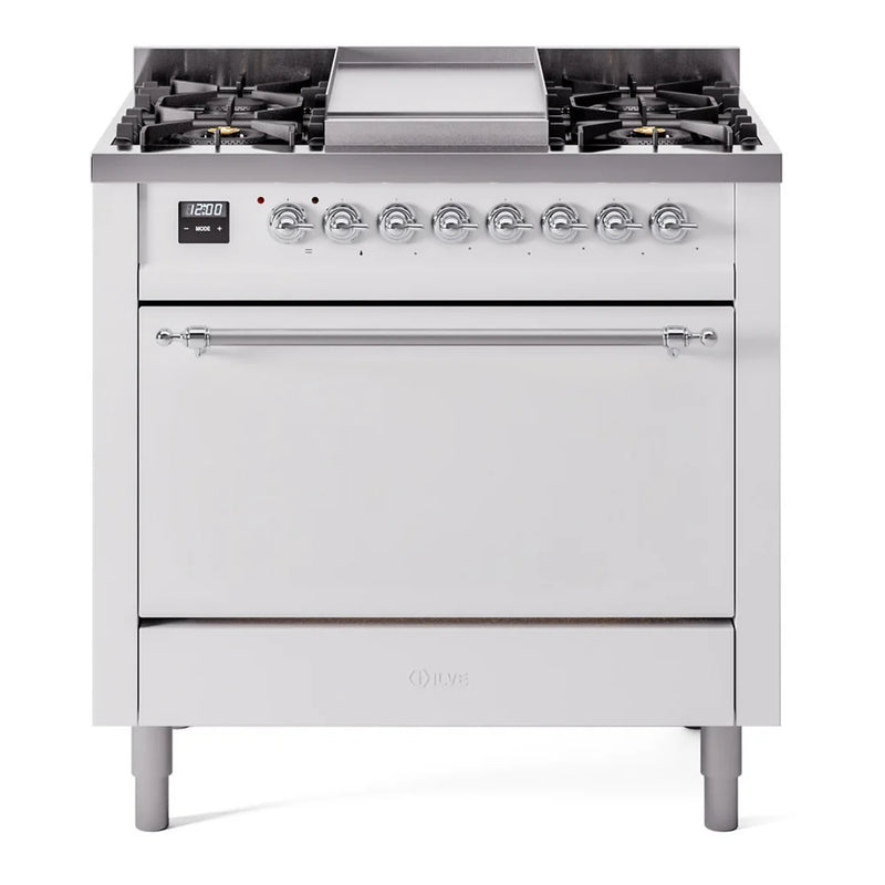 ILVE Nostalgie II 36" Dual Fuel Freestanding Range in White with Chrome Trim, UP36FQNMPWHC
