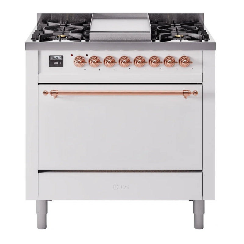 ILVE Nostalgie II 36" Dual Fuel Freestanding Range in White with Copper Trim, UP36FQNMPWHP