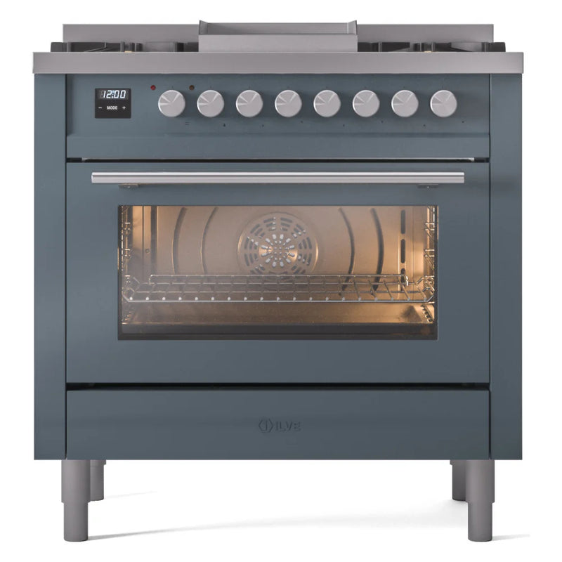ILVE Professional Plus II 36" Dual Fuel Freestanding Range in Blue Grey with Satin Trim, UP36FWMPBGLP