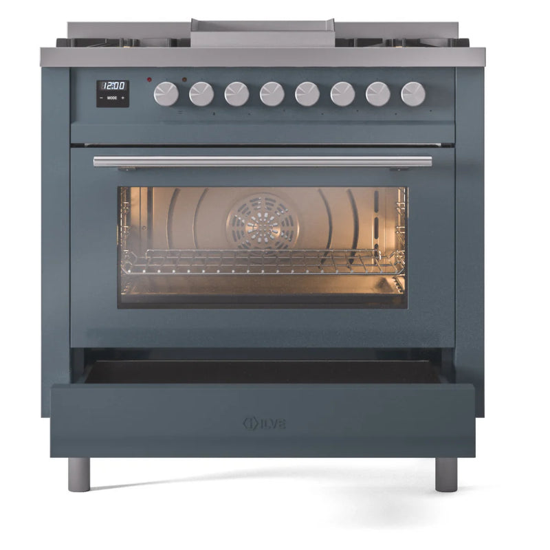 ILVE Professional Plus II 36" Dual Fuel Freestanding Range in Blue Grey with Satin Trim, UP36FWMPBGLP