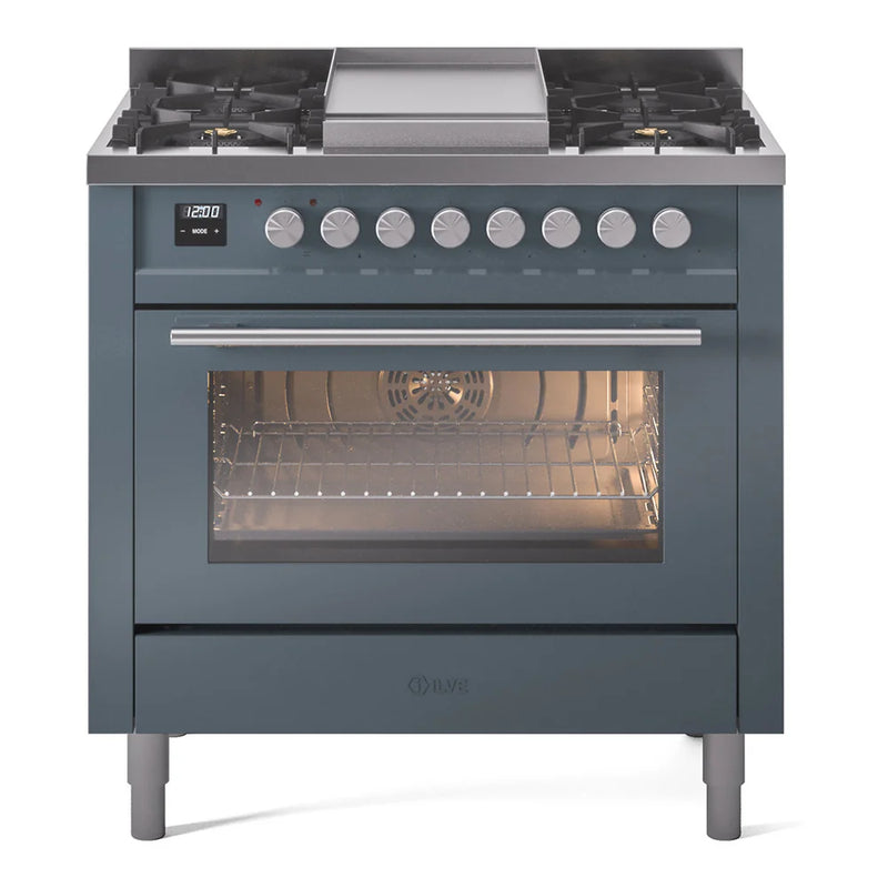 ILVE Professional Plus II 36" Dual Fuel Freestanding Range in Blue Grey with Satin Trim, UP36FWMPBG