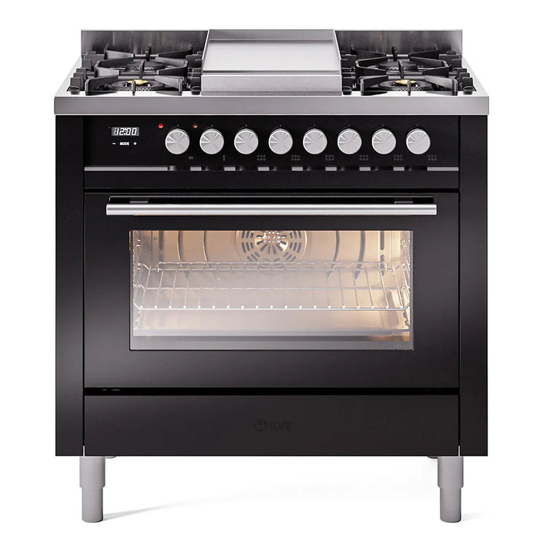 ILVE Professional Plus II 36" Dual Fuel Freestanding Range in Glossy Black with Satin Trim, UP36FWMPBKLP