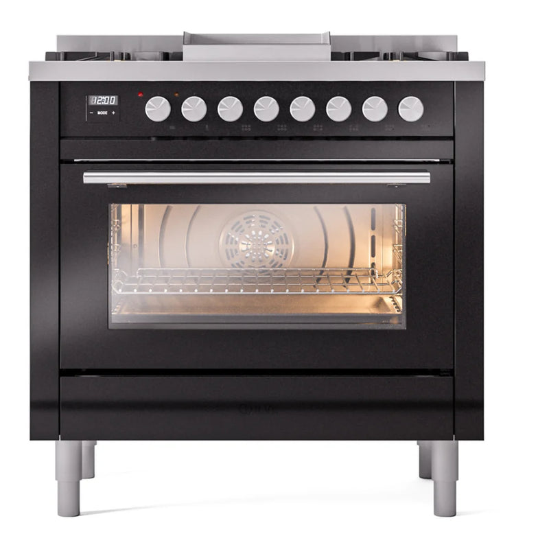 ILVE Professional Plus II 36" Dual Fuel Freestanding Range in Glossy Black with Satin Trim, UP36FWMPBKLP