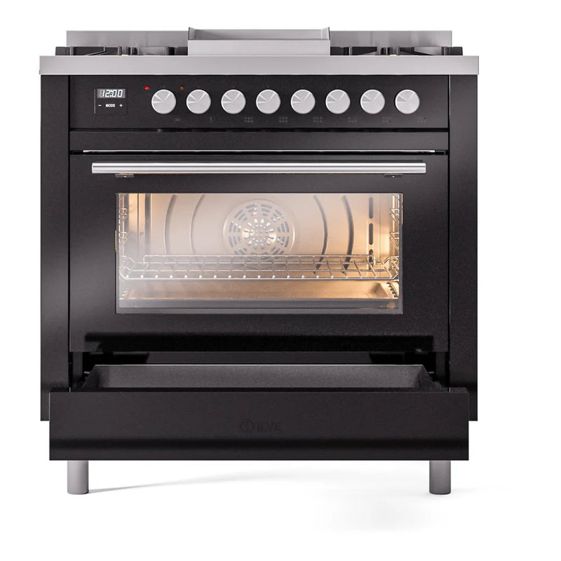 ILVE Professional Plus II 36" Dual Fuel Freestanding Range in Glossy Black with Satin Trim, UP36FWMPBKLP