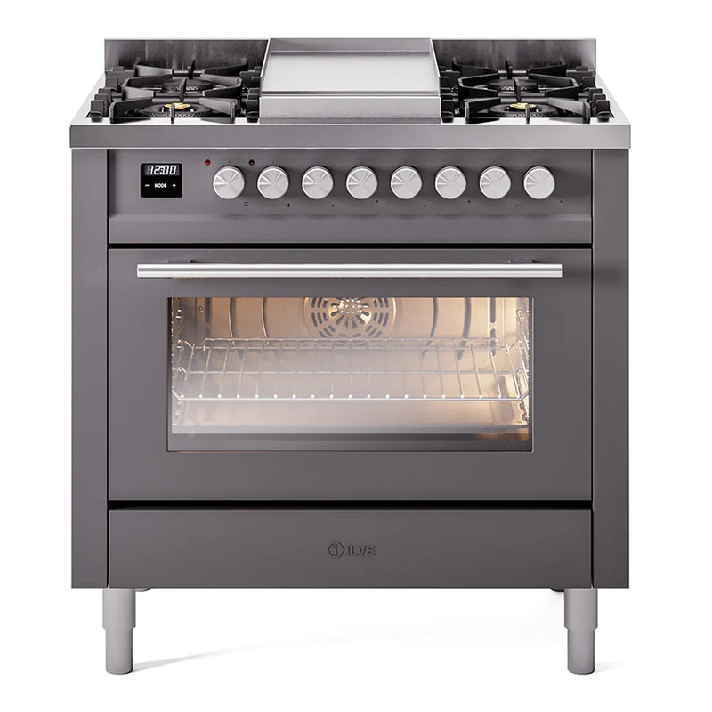 ILVE Professional Plus II 36" Dual Fuel Freestanding Range in Graphite Matte with Satin Trim, UP36FWMPMGLP