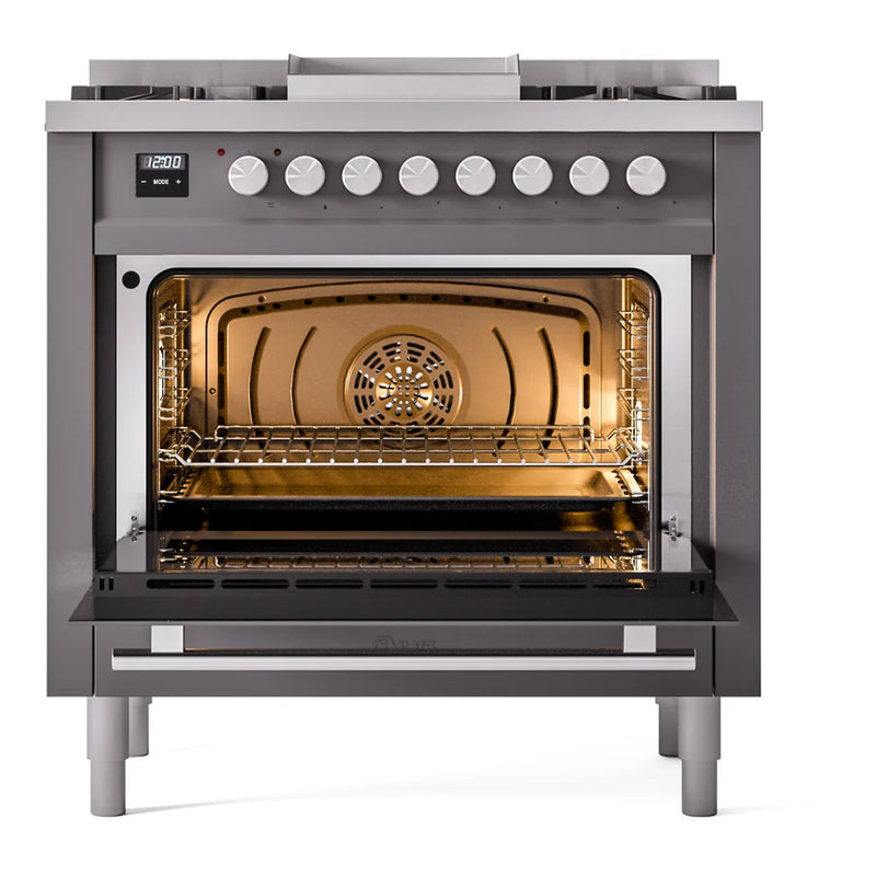 ILVE Professional Plus II 36" Dual Fuel Freestanding Range in Graphite Matte with Satin Trim, UP36FWMPMGLP