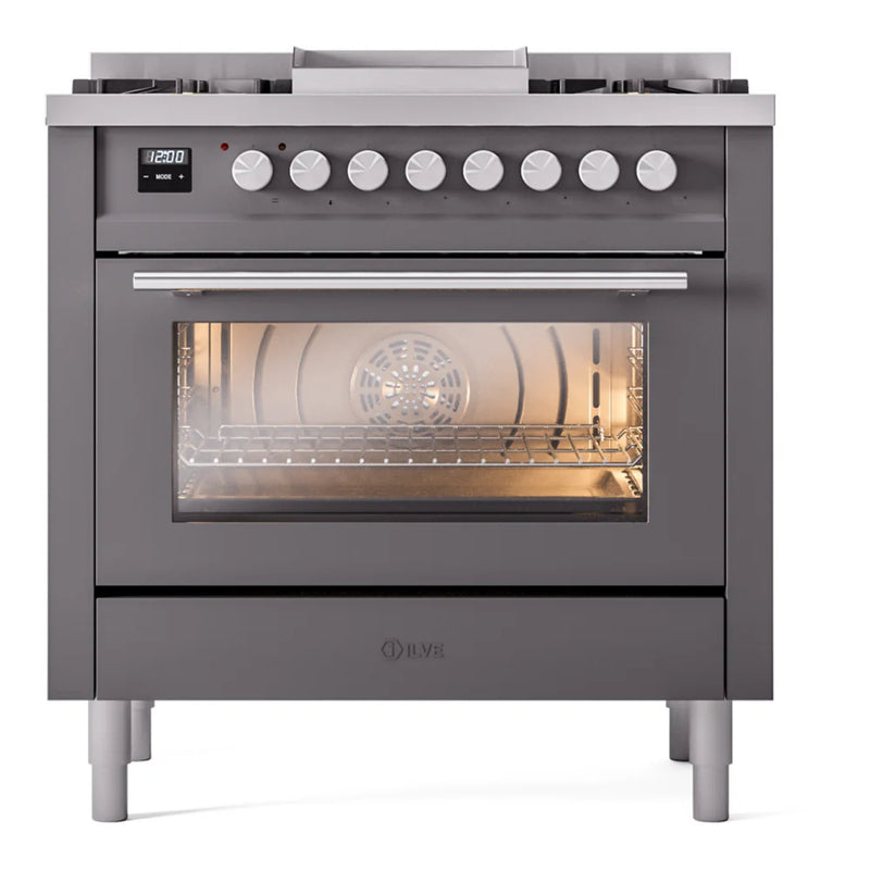 ILVE Professional Plus II 36" Dual Fuel Freestanding Range in Graphite Matte with Satin Trim, UP36FWMPMG