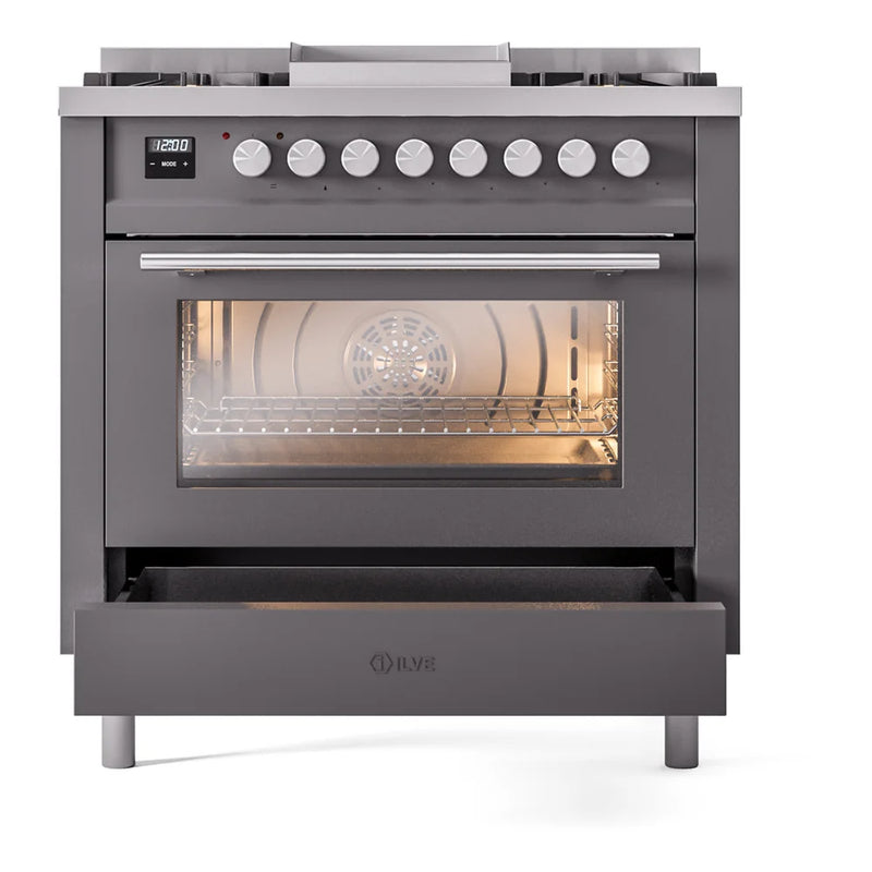 ILVE Professional Plus II 36" Dual Fuel Freestanding Range in Graphite Matte with Satin Trim, UP36FWMPMG