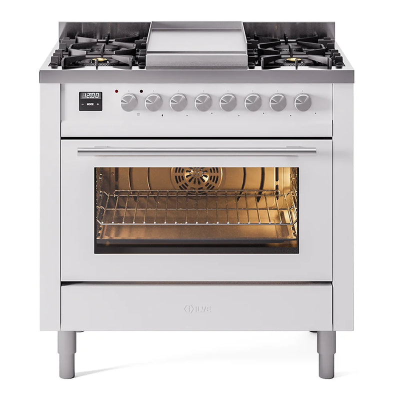 ILVE Professional Plus II 36" Dual Fuel Freestanding Range in White with Satin Trim, UP36FWMPWHLP