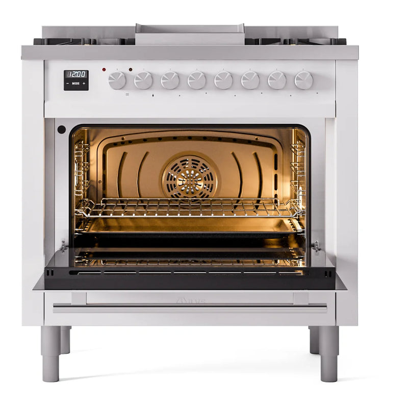 ILVE Professional Plus II 36" Dual Fuel Freestanding Range in White with Satin Trim, UP36FWMPWHLP