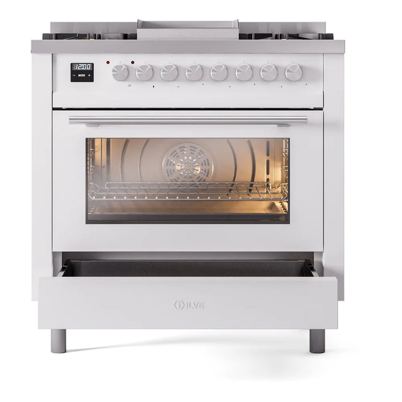 ILVE Professional Plus II 36" Dual Fuel Freestanding Range in White with Satin Trim, UP36FWMPWHLP