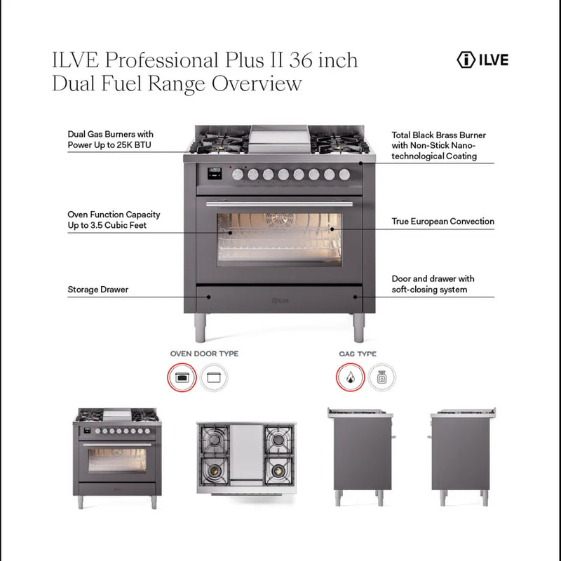 ILVE Professional Plus II 36" Dual Fuel Freestanding Range in White with Satin Trim, UP36FWMPWH