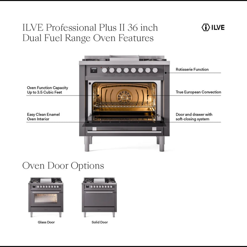 ILVE Professional Plus II 36" Dual Fuel Freestanding Range in White with Satin Trim, UP36FWMPWH