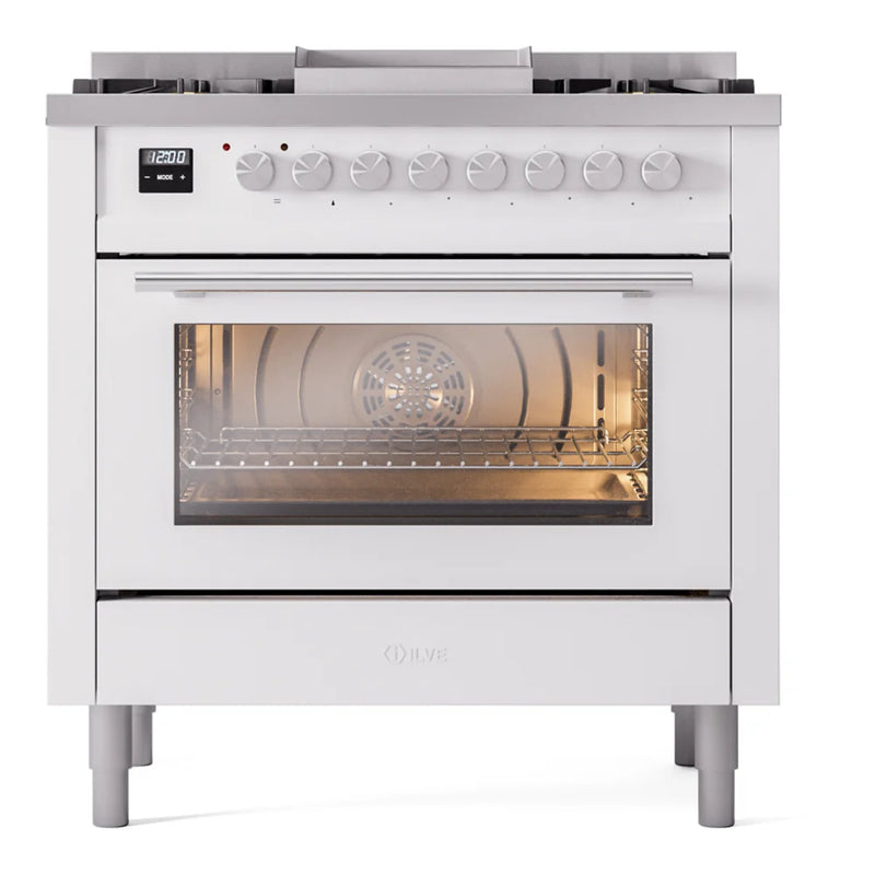 ILVE Professional Plus II 36" Dual Fuel Freestanding Range in White with Satin Trim, UP36FWMPWH
