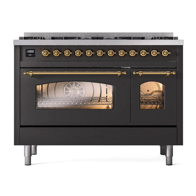 ILVE Nostalgie II 48" Dual Fuel Freestanding Range in Graphite Matte with Brass Trim (Limited Edition), UP488NMPMGG