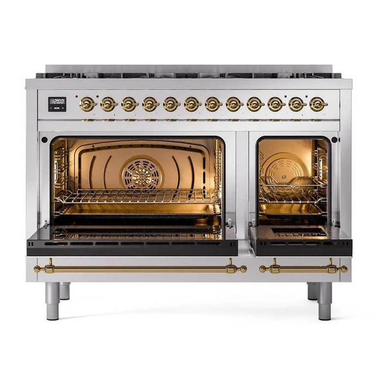 ILVE Nostalgie II 48" Dual Fuel Freestanding Range in Stainless Steel with Brass Trim (Limited Edition), UP488NMPSSGLP