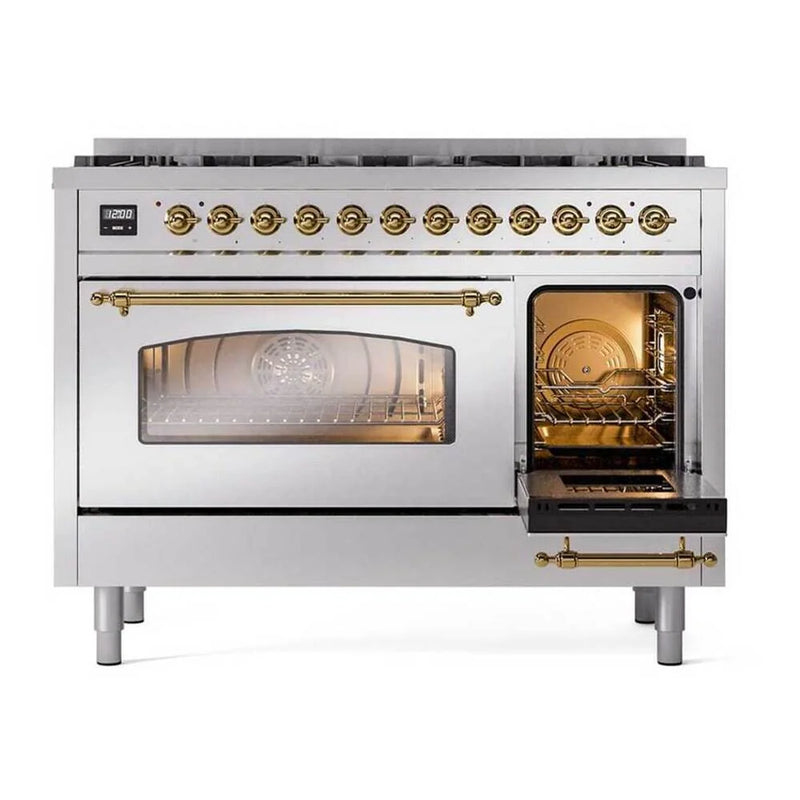 ILVE Nostalgie II 48" Dual Fuel Freestanding Range in Stainless Steel with Brass Trim (Limited Edition), UP488NMPSSGLP