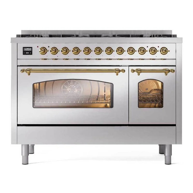 ILVE Nostalgie II 48" Dual Fuel Freestanding Range in Stainless Steel with Brass Trim (Limited Edition), UP488NMPSSG