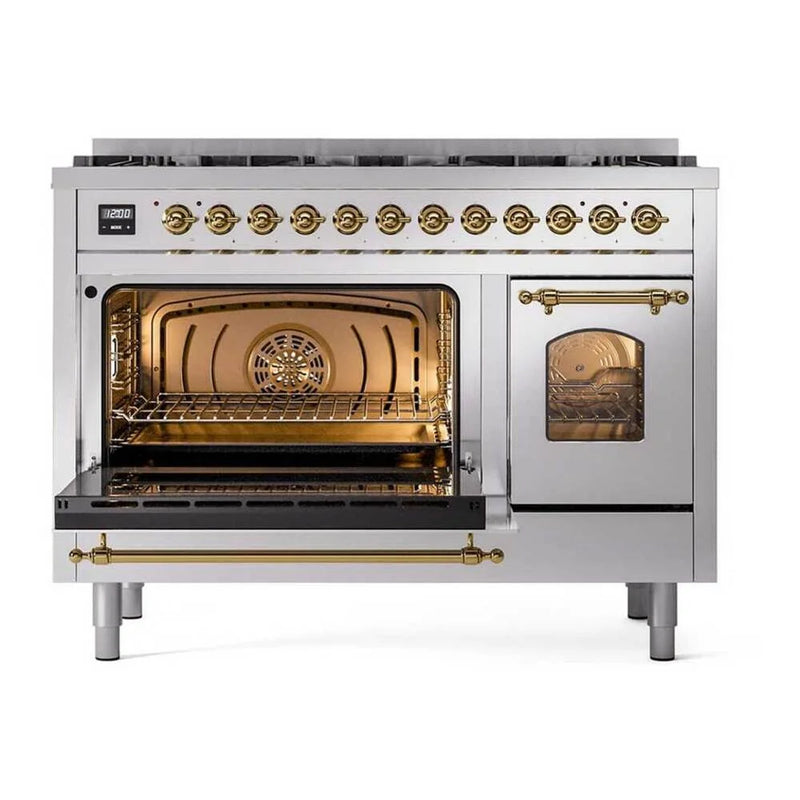 ILVE Nostalgie II 48" Dual Fuel Freestanding Range in Stainless Steel with Brass Trim (Limited Edition), UP488NMPSSG