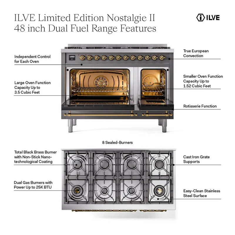 ILVE Nostalgie II 48" Dual Fuel Freestanding Range in White with Brass Trim (Limited Edition), UP488NMPWHGLP