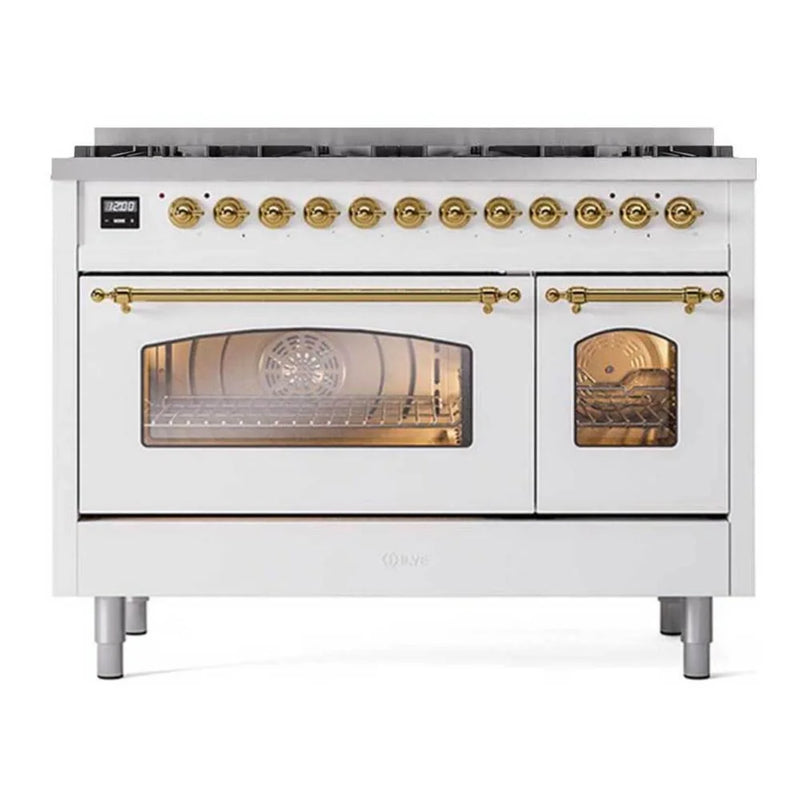 ILVE Nostalgie II 48" Dual Fuel Freestanding Range in White with Brass Trim (Limited Edition), UP488NMPWHG