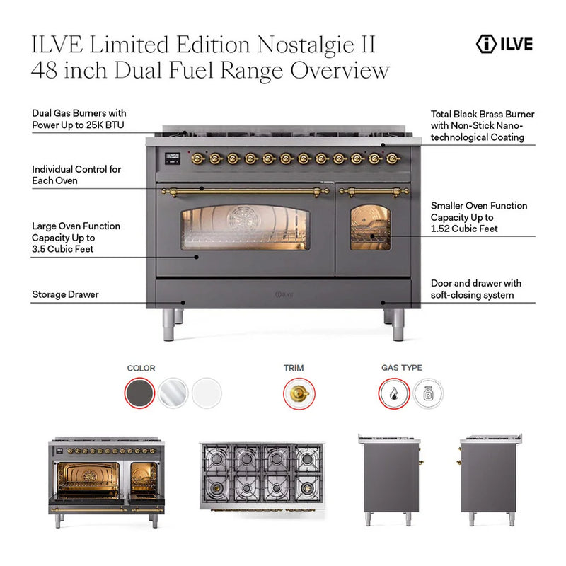 ILVE Nostalgie II 48" Dual Fuel Freestanding Range in White with Brass Trim (Limited Edition), UP488NMPWHG