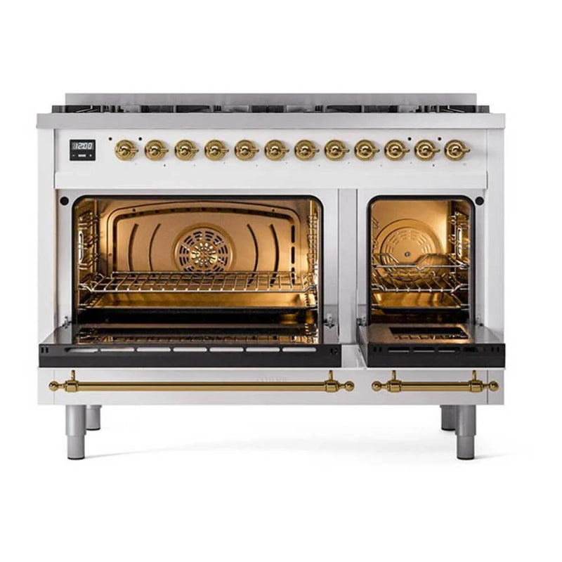 ILVE Nostalgie II 48" Dual Fuel Freestanding Range in White with Brass Trim (Limited Edition), UP488NMPWHG