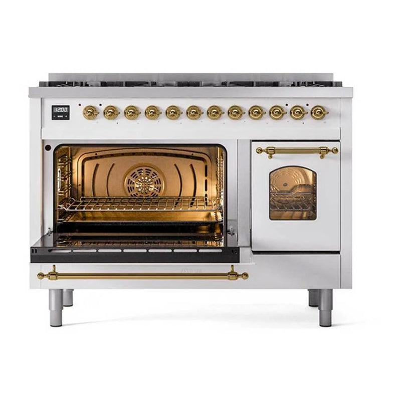 ILVE Nostalgie II 48" Dual Fuel Freestanding Range in White with Brass Trim (Limited Edition), UP488NMPWHG