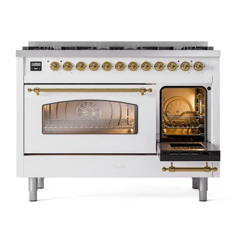 ILVE Nostalgie II 48" Dual Fuel Freestanding Range in White with Brass Trim (Limited Edition), UP488NMPWHG