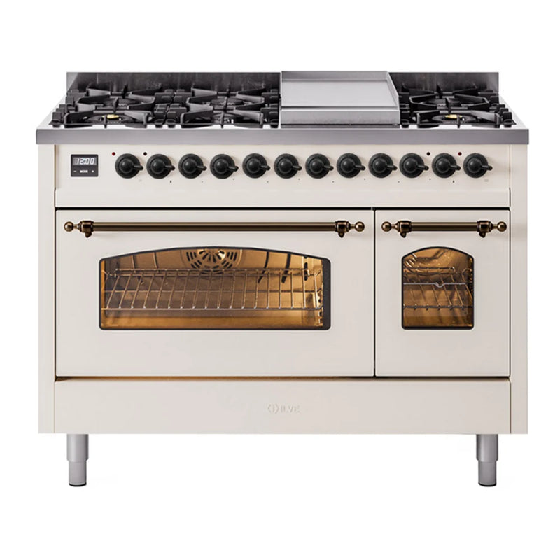 ILVE Nostalgie II 48" Dual Fuel Freestanding Range in Antique White with Burnished Trim, UP48FNMPAWBLP