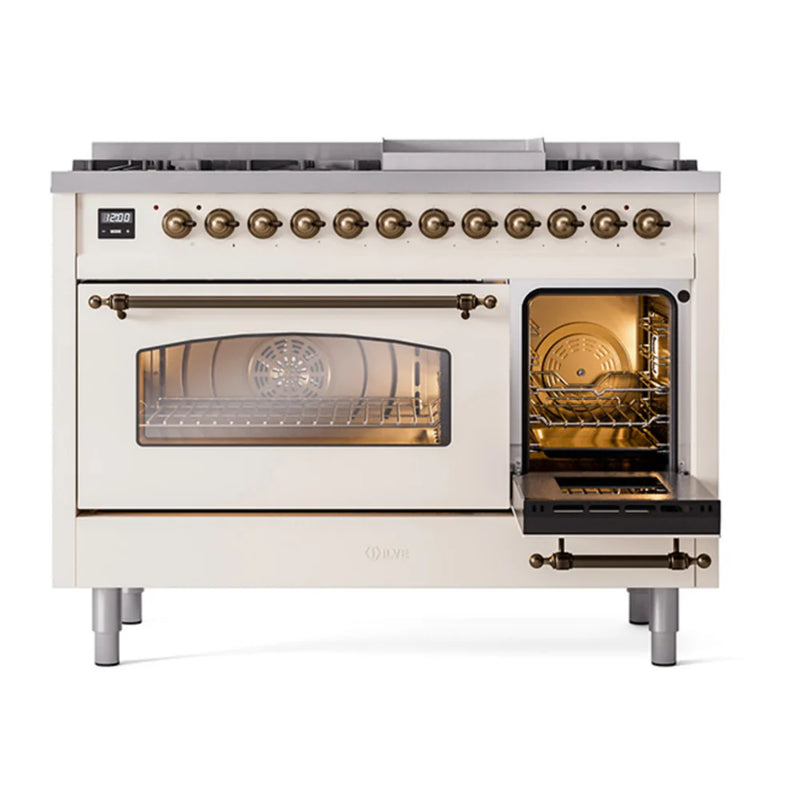 ILVE Nostalgie II 48" Dual Fuel Freestanding Range in Antique White with Burnished Trim, UP48FNMPAWBLP