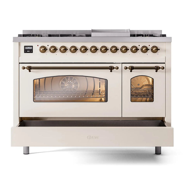ILVE Nostalgie II 48" Dual Fuel Freestanding Range in Antique White with Burnished Trim, UP48FNMPAWBLP