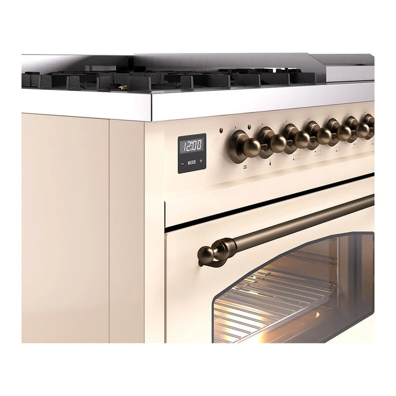 ILVE Nostalgie II 48" Dual Fuel Freestanding Range in Antique White with Burnished Trim, UP48FNMPAWBLP