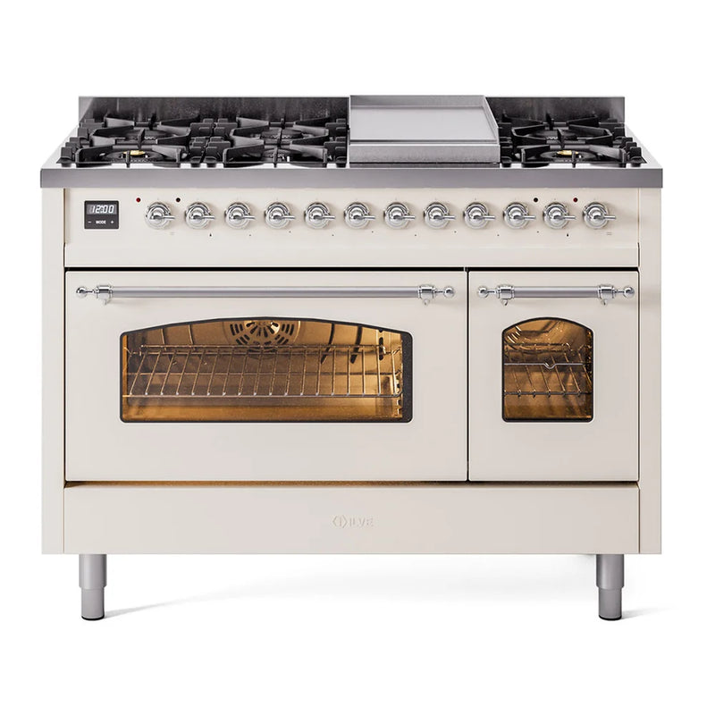 ILVE Nostalgie II 48" Dual Fuel Freestanding Range in Antique White with Chrome Trim, UP48FNMPAWCLP