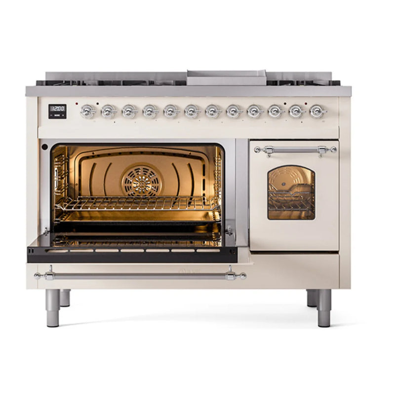 ILVE Nostalgie II 48" Dual Fuel Freestanding Range in Antique White with Chrome Trim, UP48FNMPAWCLP