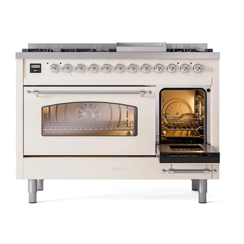 ILVE Nostalgie II 48" Dual Fuel Freestanding Range in Antique White with Chrome Trim, UP48FNMPAWCLP