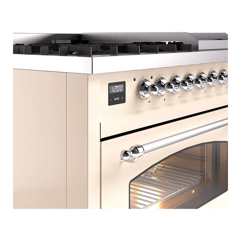 ILVE Nostalgie II 48" Dual Fuel Freestanding Range in Antique White with Chrome Trim, UP48FNMPAWCLP