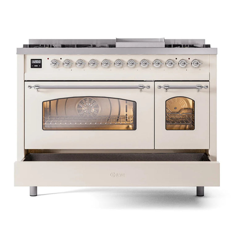 ILVE Nostalgie II 48" Dual Fuel Freestanding Range in Antique White with Chrome Trim, UP48FNMPAWC