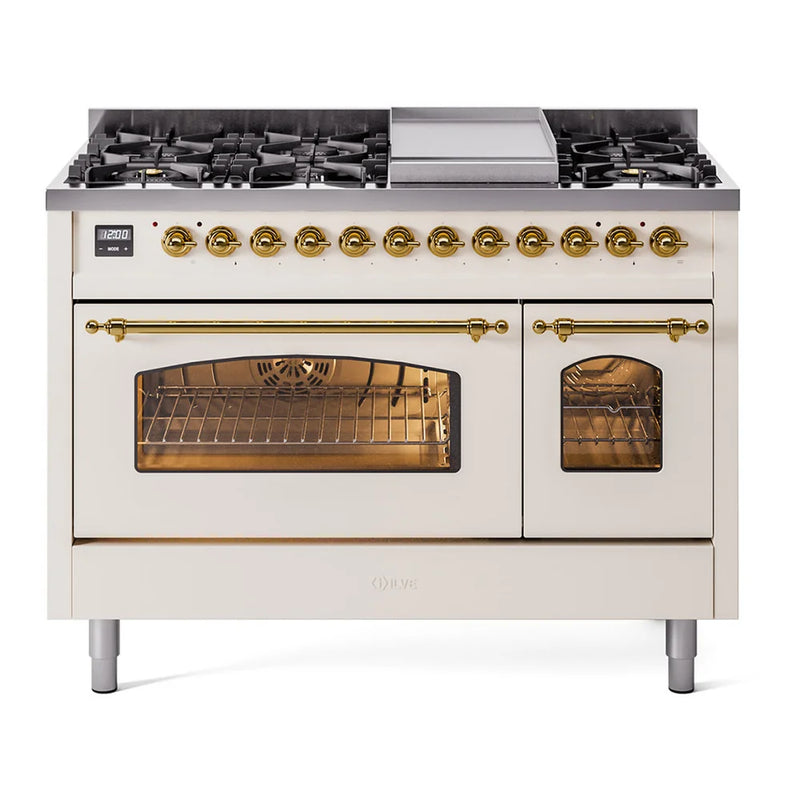 ILVE Nostalgie II 48" Dual Fuel Freestanding Range in Antique White with Brass Trim, UP48FNMPAWGLP