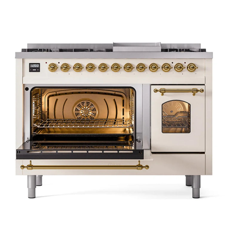 ILVE Nostalgie II 48" Dual Fuel Freestanding Range in Antique White with Brass Trim, UP48FNMPAWGLP