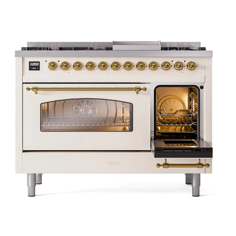 ILVE Nostalgie II 48" Dual Fuel Freestanding Range in Antique White with Brass Trim, UP48FNMPAWGLP
