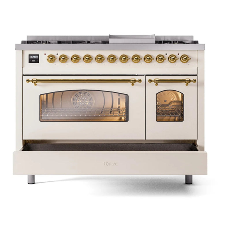 ILVE Nostalgie II 48" Dual Fuel Freestanding Range in Antique White with Brass Trim, UP48FNMPAWGLP