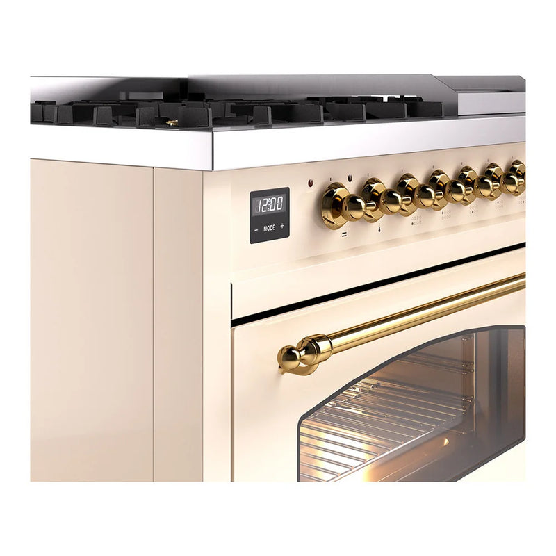 ILVE Nostalgie II 48" Dual Fuel Freestanding Range in Antique White with Brass Trim, UP48FNMPAWGLP