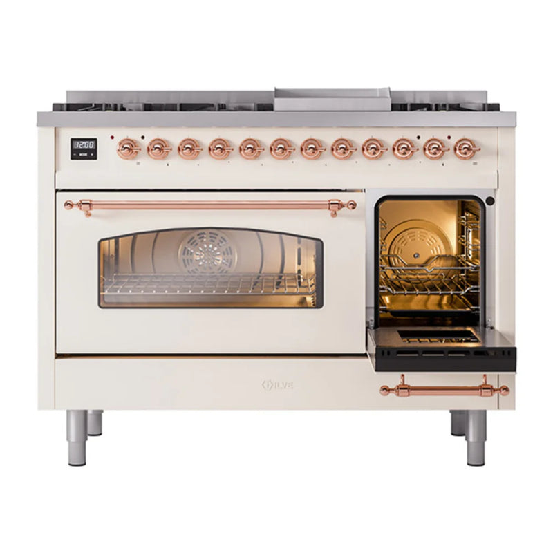 ILVE Nostalgie II 48" Dual Fuel Freestanding Range in Antique White with Copper Trim, UP48FNMPAWPLP